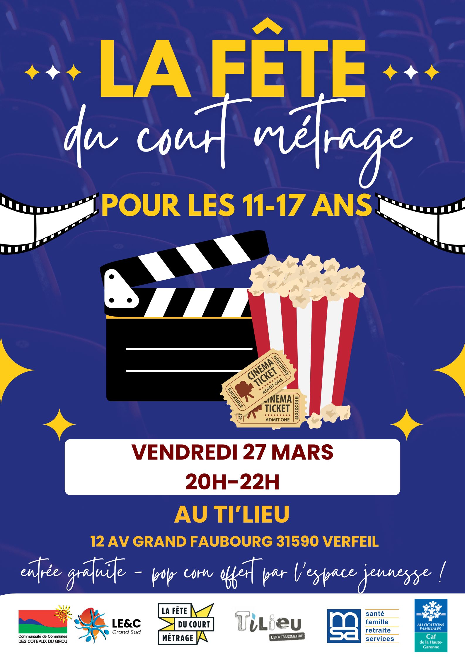 Affiche bleu foncé avec en transparence des sièges de cinéma. Des illustrations type pop-corn, tickets de cinéma... Les logos des organisateurs. Un ensemble d'écriture reprenant les éléments de l'événement 